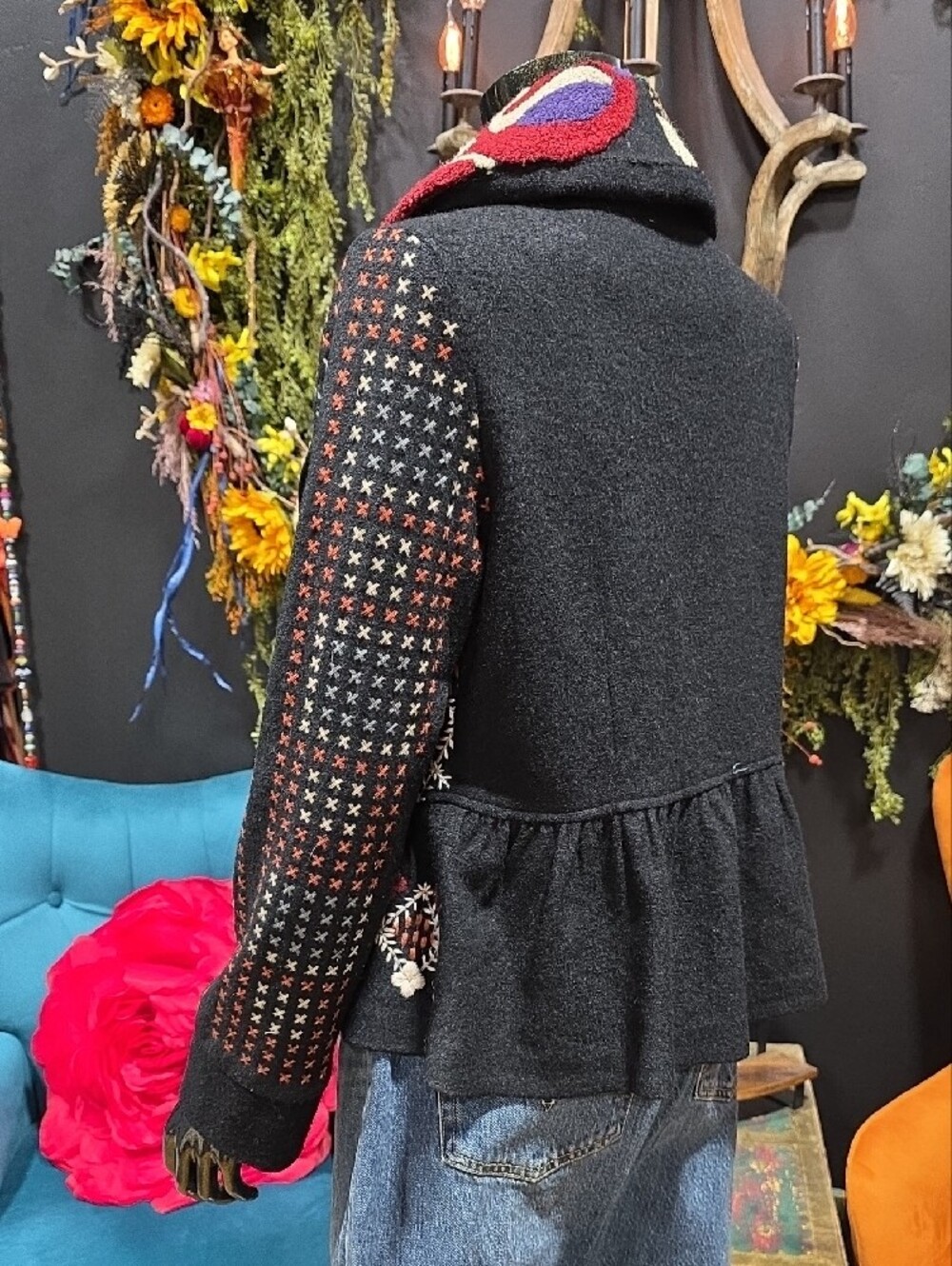 RARE! Hazel Black Embroidered Shawl Collar Blazer with Multicolor Accents - Picture 10 of 15